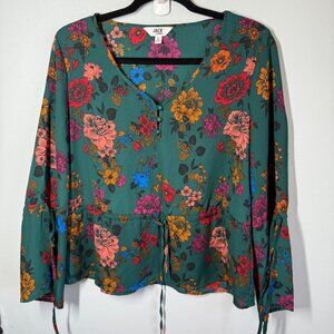 Jack by BB Dakota Womens Peasant Blouse Small Green Floral V-Neck Bell Sleeve